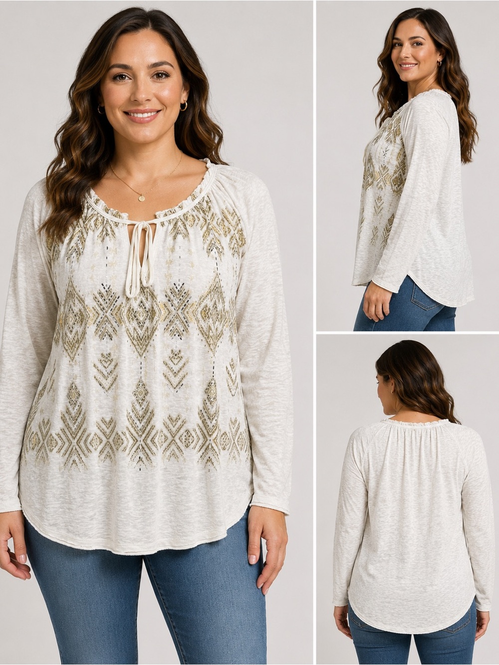 Miss Me Ivory Gold Metallic Aztec Boho Tie Neck Top Small